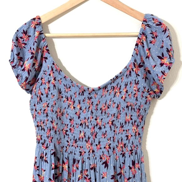 Angie Smocked Tiered Floral Dress Periwinkle Blue Ruffle Boho Tropical Festival - Picture 2 of 12